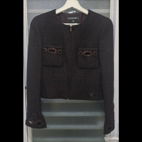 Chanel 深咖毛呢雙口袋繡亮片外套