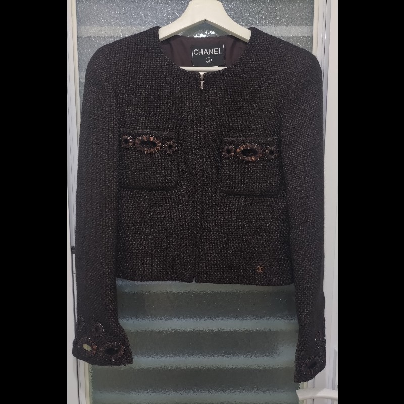 Chanel 深咖毛呢雙口袋繡亮片外套-0