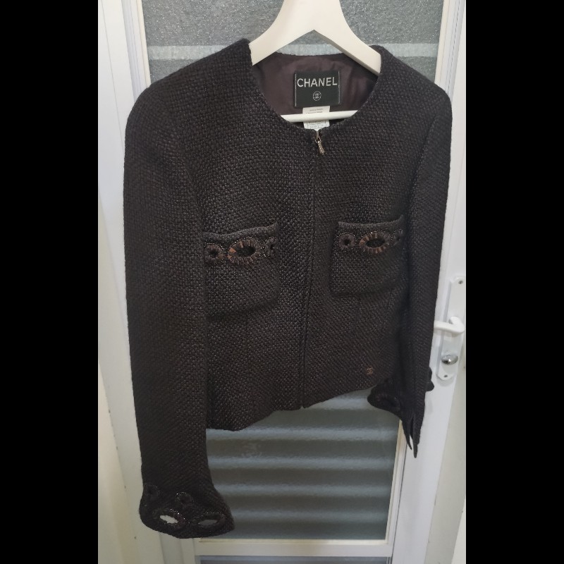 Chanel 深咖毛呢雙口袋繡亮片外套-1