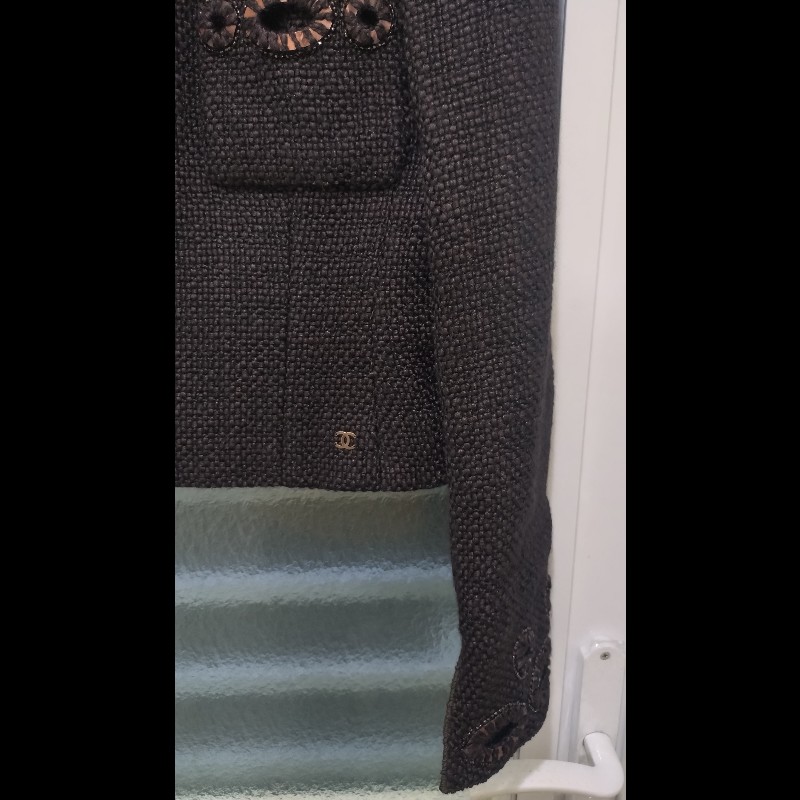 Chanel 深咖毛呢雙口袋繡亮片外套-4