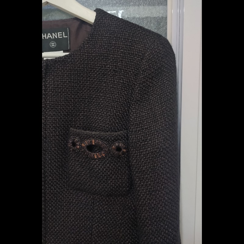 Chanel 深咖毛呢雙口袋繡亮片外套-7