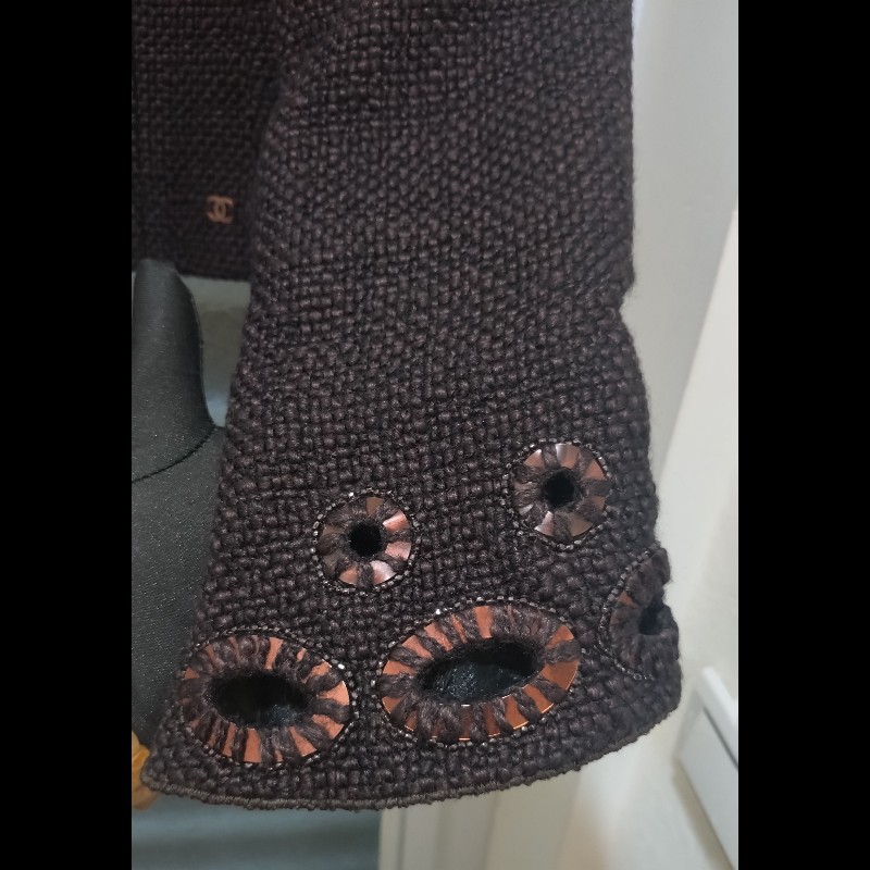 Chanel 深咖毛呢雙口袋繡亮片外套-10