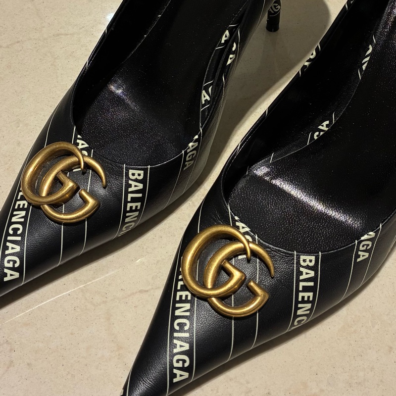 balenciaga*gucci黑皮革細高跟鞋 38號-24