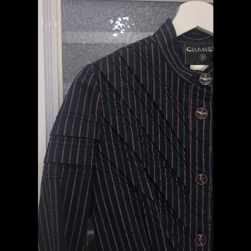 Chanel 藍色布繡直線條外套-14