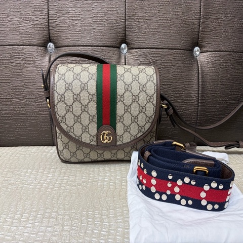 Gucci PVC咖牛皮Ophidia斜背包（附寬背袋）