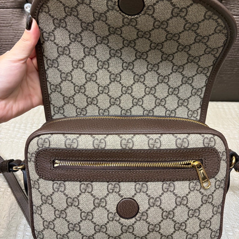 Gucci PVC咖牛皮Ophidia斜背包（附寬背袋）-7