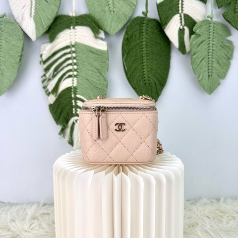 CHANEL 裸粉色荔枝皮金扣小方盒 斜肩包