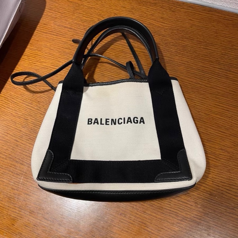 巴黎世家Navy徽標側邊按扣帆布托特包-0