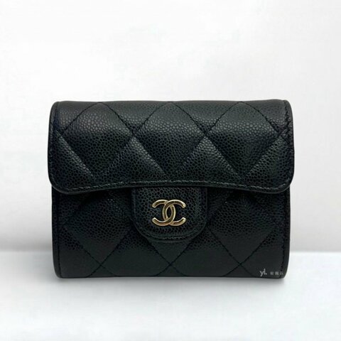 S5236-CHANEL皮夾 黑荔枝皮金扣雙層下蓋卡片零錢包 AP0220