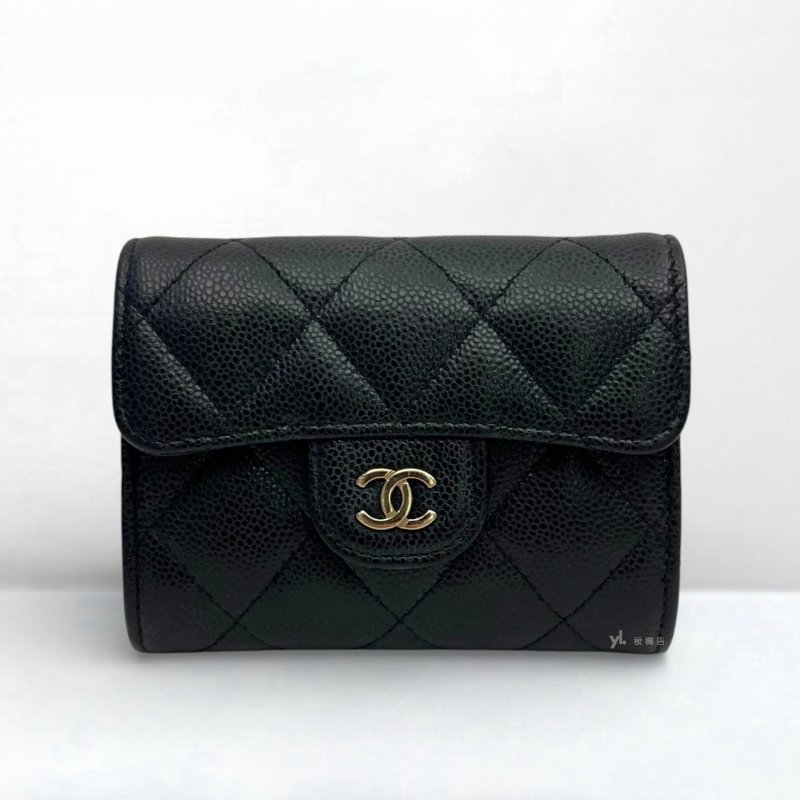 S5236-CHANEL皮夾 黑荔枝皮金扣雙層下蓋卡片零錢包 AP0220-0