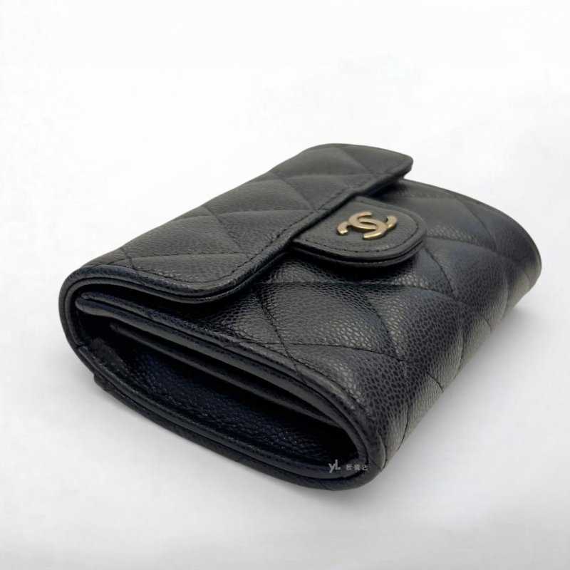 S5236-CHANEL皮夾 黑荔枝皮金扣雙層下蓋卡片零錢包 AP0220-2