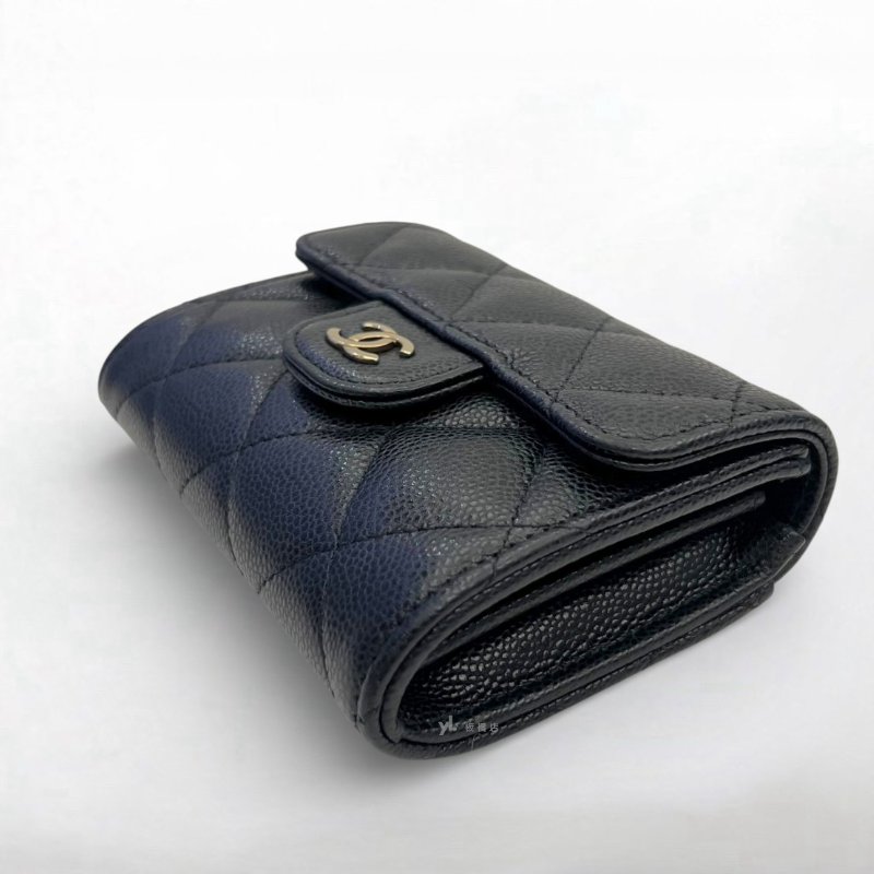 S5236-CHANEL皮夾 黑荔枝皮金扣雙層下蓋卡片零錢包 AP0220-3