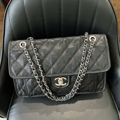 CHANEL 香奈兒黑銀季節款cf荔枝牛皮單肩斜挎包