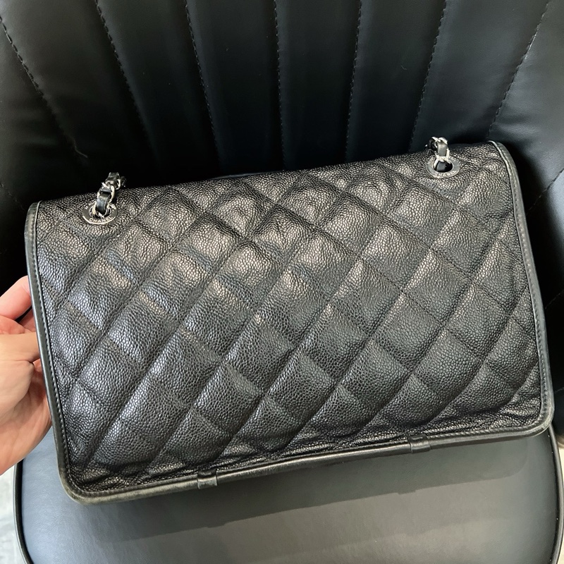 CHANEL 香奈兒黑銀季節款cf荔枝牛皮單肩斜挎包-1