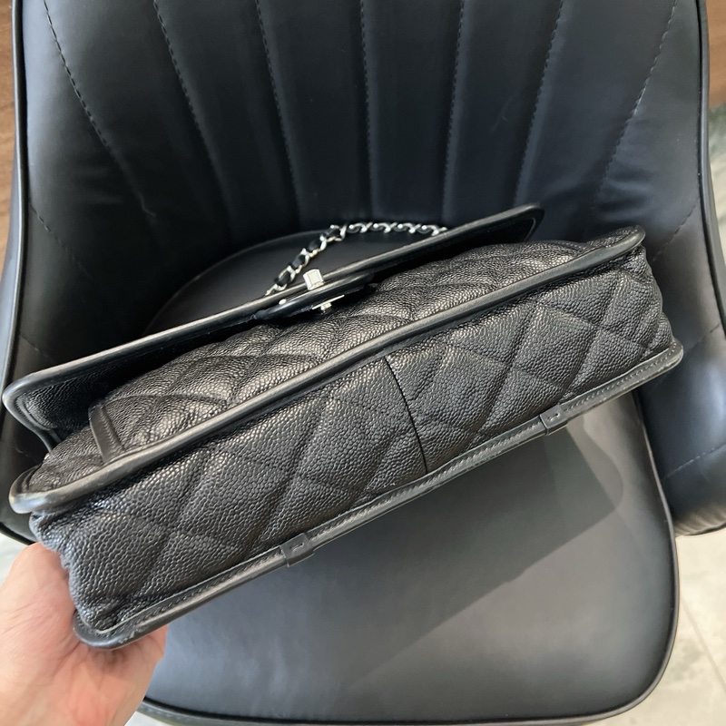 CHANEL 香奈兒黑銀季節款cf荔枝牛皮單肩斜挎包-4