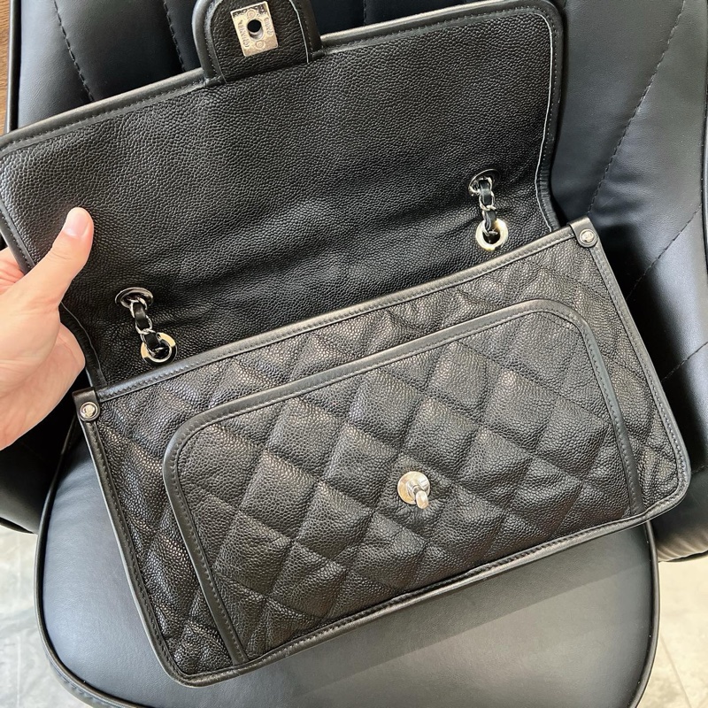 CHANEL 香奈兒黑銀季節款cf荔枝牛皮單肩斜挎包-5