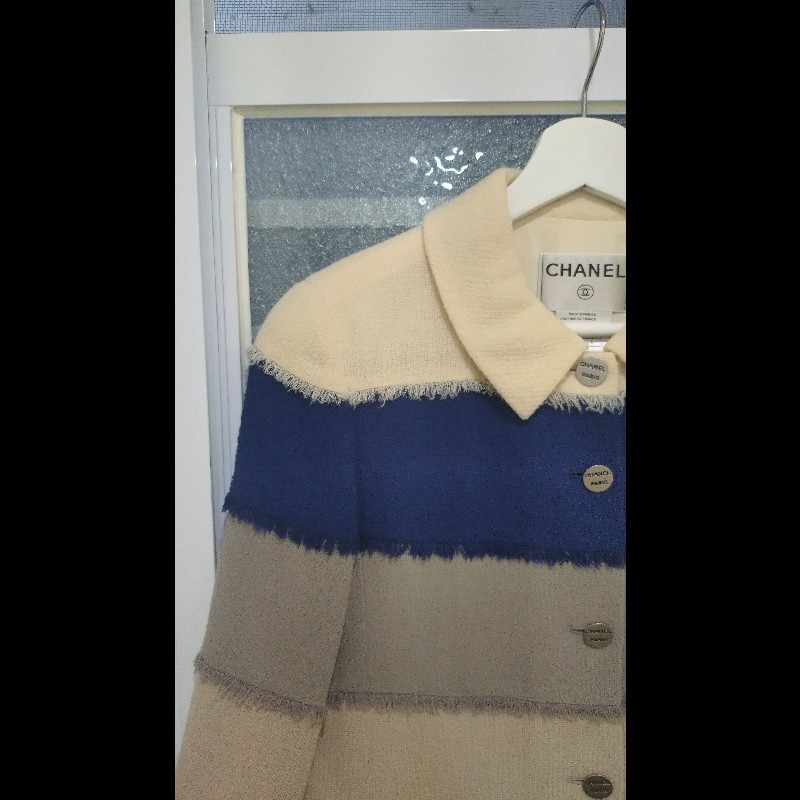 Chanel 米藍灰橫格外套-1