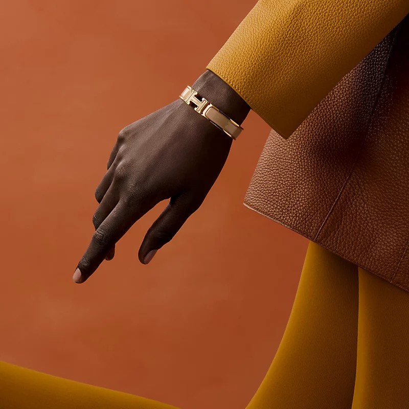 ❤️全新未使用品👍💯愛馬仕 H手環 窄版 亮粉奶茶色/金黃色金屬-3