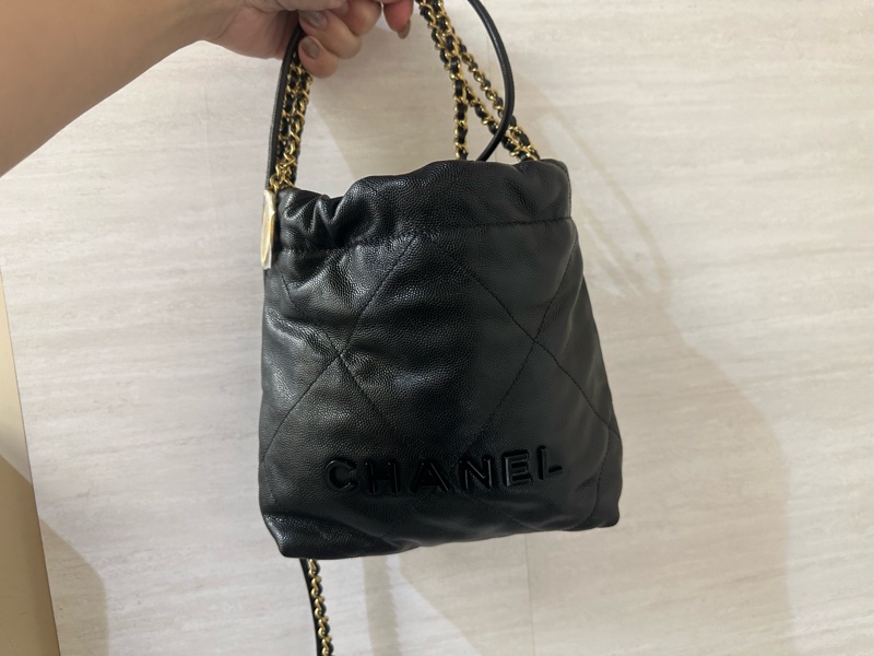 Chanel 黑荔枝牛皮黑字母logo金釦大菱格mini22包 AS3980-0