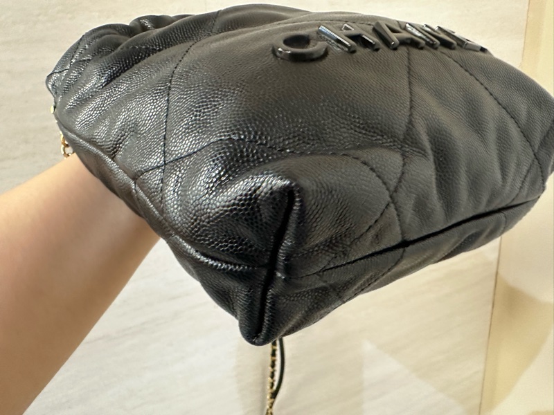 Chanel 黑荔枝牛皮黑字母logo金釦大菱格mini22包 AS3980-5