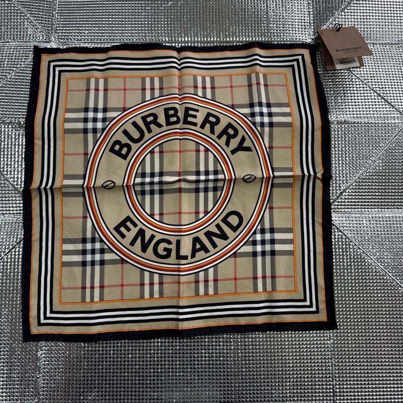 「員購特價」全新BURBERRY 格紋圖案真絲絲巾(米色)博柏利絲巾-0