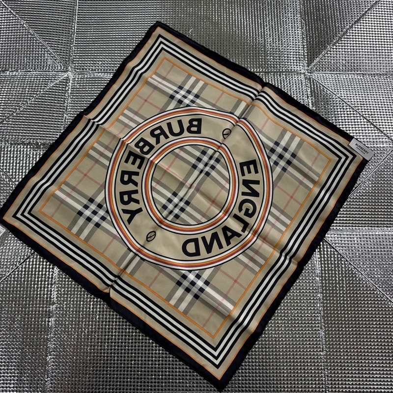 「員購特價」全新BURBERRY 格紋圖案真絲絲巾(米色)博柏利絲巾-7