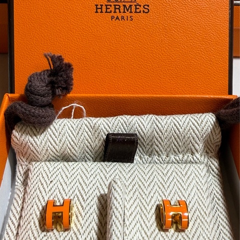 閒置新Hermes Paris愛馬仕Mini小H耳環 耳釘 耳針 橘色