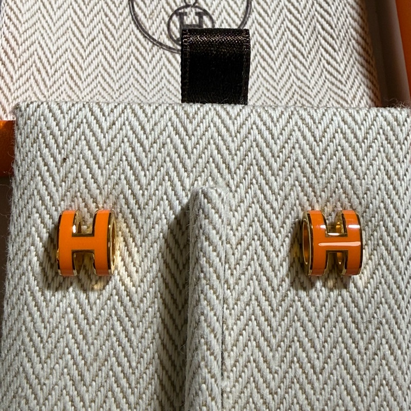 閒置新Hermes POP愛馬仕Mini小H耳環 耳釘 耳針 橘色-1