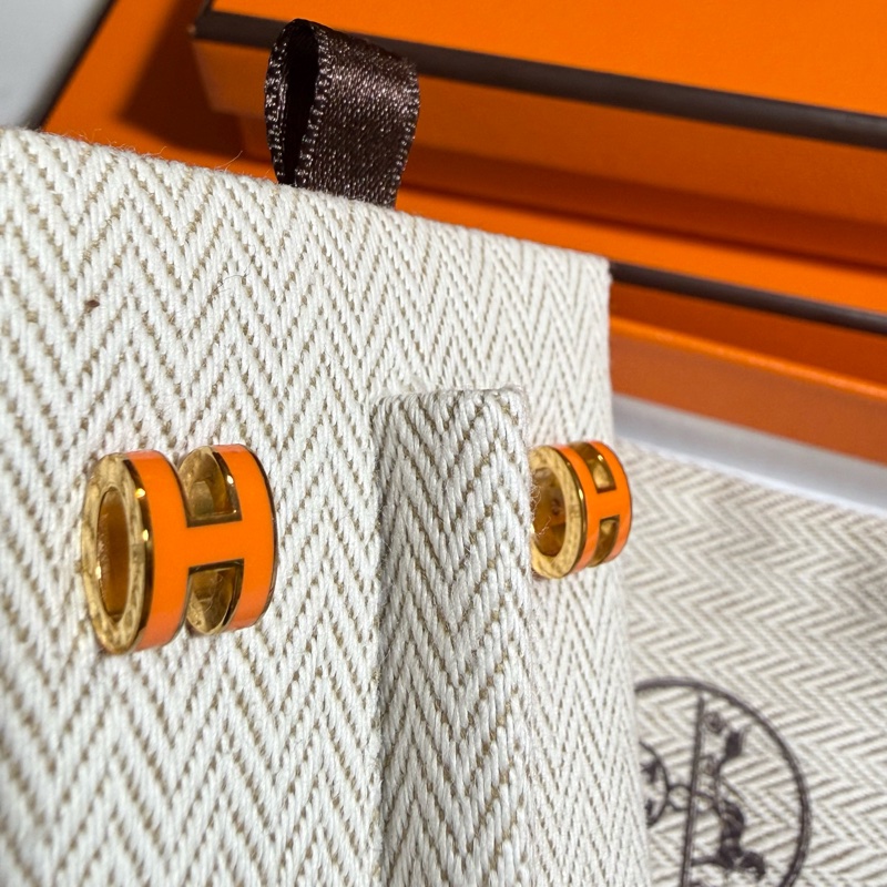 閒置新Hermes POP愛馬仕Mini小H耳環 耳釘 耳針 橘色-7