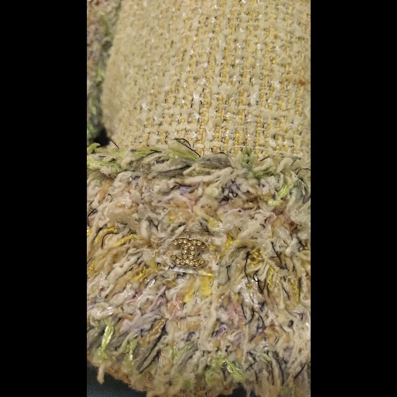 Chanel 駝色毛呢嫩綠毛毛邊短版外套-13