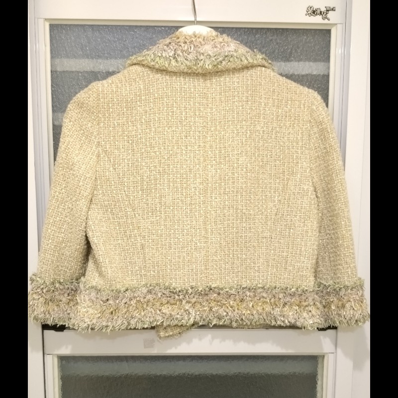 Chanel 駝色毛呢嫩綠毛毛邊短版外套-20