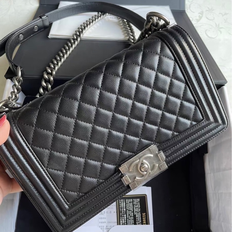 Chanel 香奈兒 leboy 包包/中號/黑銀荔枝皮/保卡款/99新美品-0