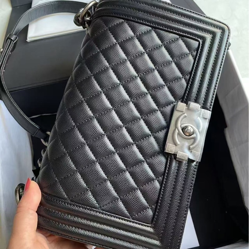 Chanel 香奈兒 leboy 包包/中號/黑銀荔枝皮/保卡款/99新美品-1