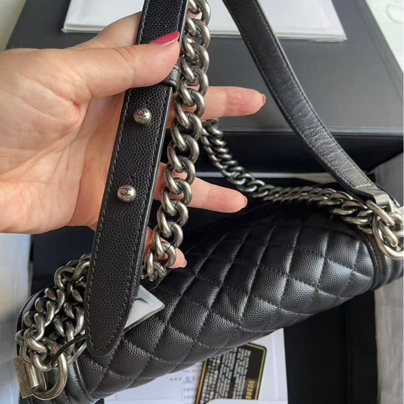 Chanel 香奈兒 leboy 包包/中號/黑銀荔枝皮/保卡款/99新美品-7