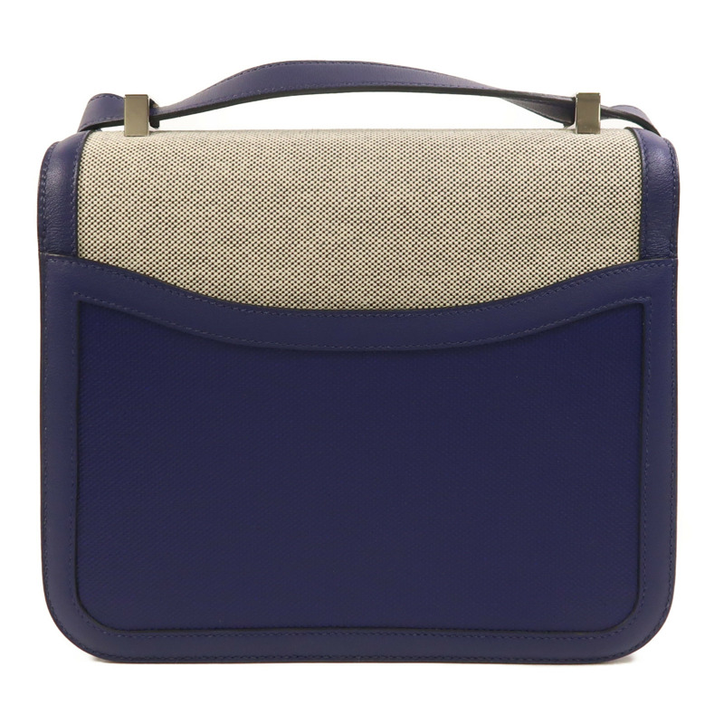 HERMES Toile帆布/Swift皮革Constance 24銀扣肩背袋Bleu Encre-1