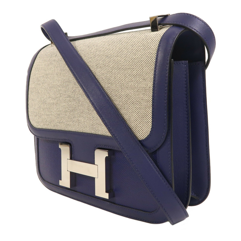 HERMES Toile帆布/Swift皮革Constance 24銀扣肩背袋Bleu Encre-2