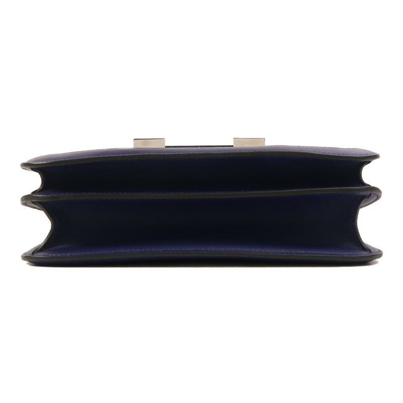 HERMES Toile帆布/Swift皮革Constance 24銀扣肩背袋Bleu Encre-3