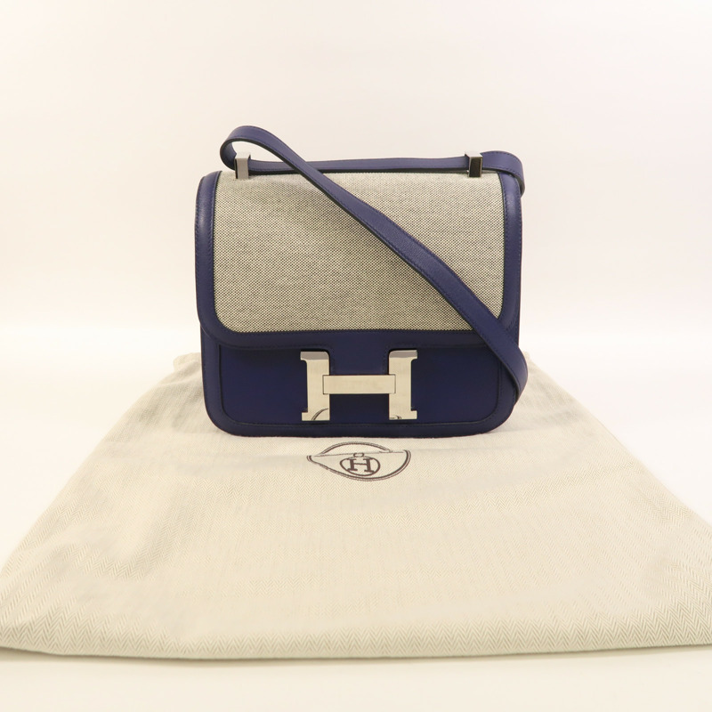 HERMES Toile帆布/Swift皮革Constance 24銀扣肩背袋Bleu Encre-9