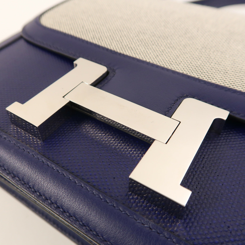 HERMES Toile帆布/Swift皮革Constance 24銀扣肩背袋Bleu Encre-10