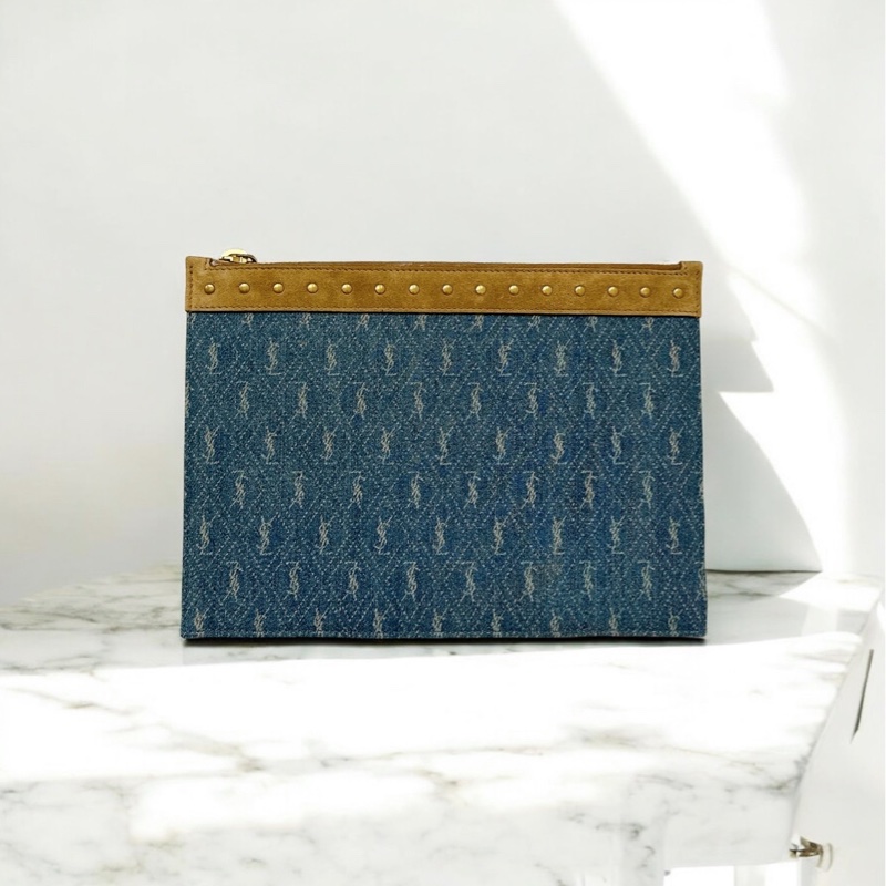 莉亞精品♡Ysl 棕牛仔老花手拿包 二手美品-0