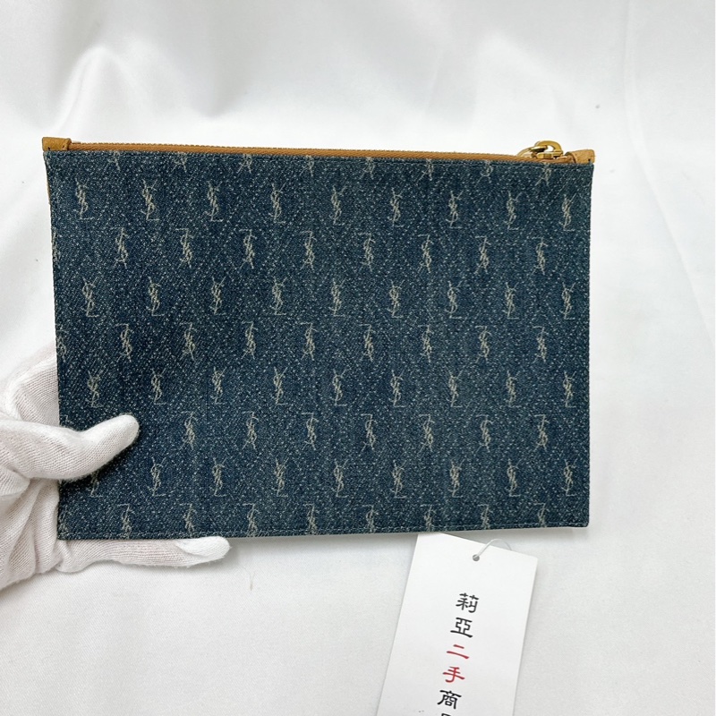 莉亞精品♡Ysl 棕牛仔老花手拿包 二手美品-2