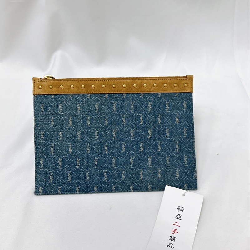 莉亞精品♡Ysl 棕牛仔老花手拿包 二手美品-3