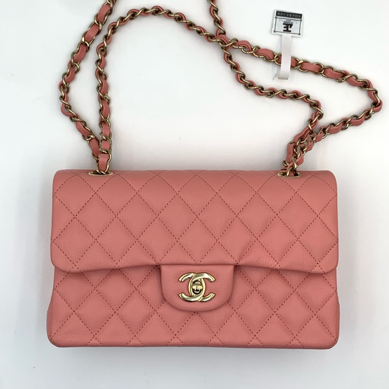 🎀情人節必備禮物✨Chanel CF小號 荔枝紋牛皮珊瑚粉classic handbag-0