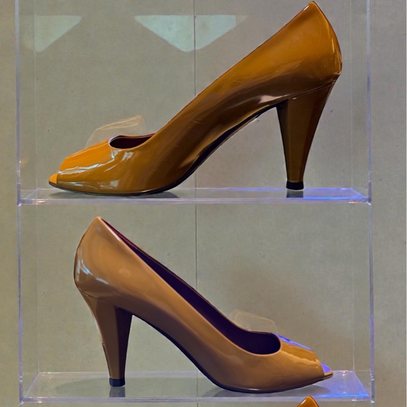 🍒 【Miu Miu】專櫃正品 經典焦糖裸色漆皮魚口粗跟鞋溫潤氣質、復古摩登 size:38/2F260131-1-4