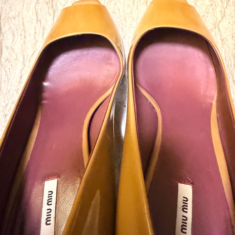 🍒 【Miu Miu】專櫃正品 經典焦糖裸色漆皮魚口粗跟鞋溫潤氣質、復古摩登 size:38/2F260131-1-11