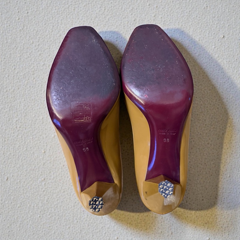 🍒 【Miu Miu】專櫃正品 經典焦糖裸色漆皮魚口粗跟鞋溫潤氣質、復古摩登 size:38/2F260131-1-12
