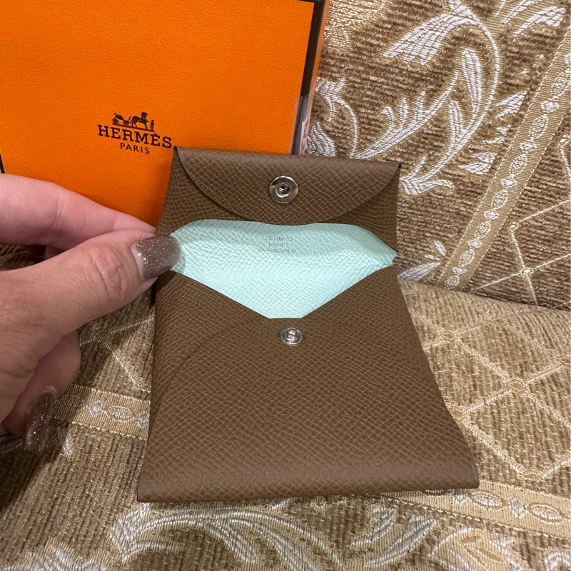 Hermes 栗子色拚薄荷綠Epson Bastia 銀釦零錢包-4