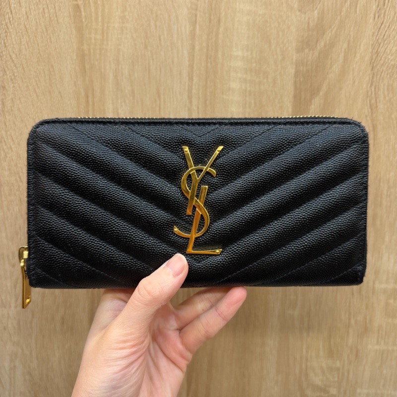 YSL 黑魚子醬牛皮金釦ㄇ拉12卡長夾-0