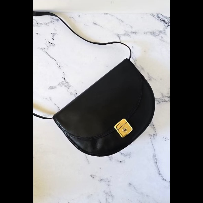 【LA LUNE】絕版古董包 Loewe黑金色半月側背包 斜背包 皮革包 單肩包 中古包-0