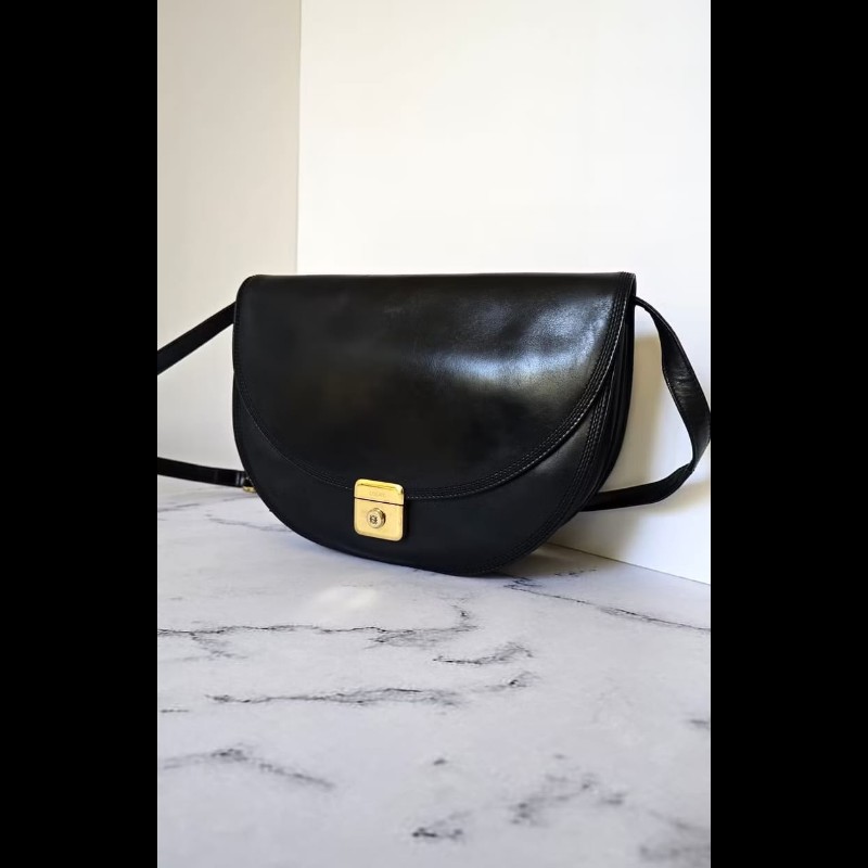 【LA LUNE】絕版古董包 Loewe黑金色半月側背包 斜背包 皮革包 單肩包 中古包-1